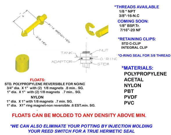 Mini stem dimensional drawing with assembly diagram showing tank, nut, O-ring, adaptor and stem, plus thread and material options