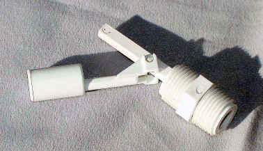 Assembled side mount level switch showing the RDF-5012 threaded body and the RDF-5001 pivoting float